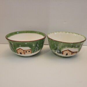 The Cellar Set Of 2 Christmas-Themed Ceramic Bowls Snowy Cabin & Pine Design